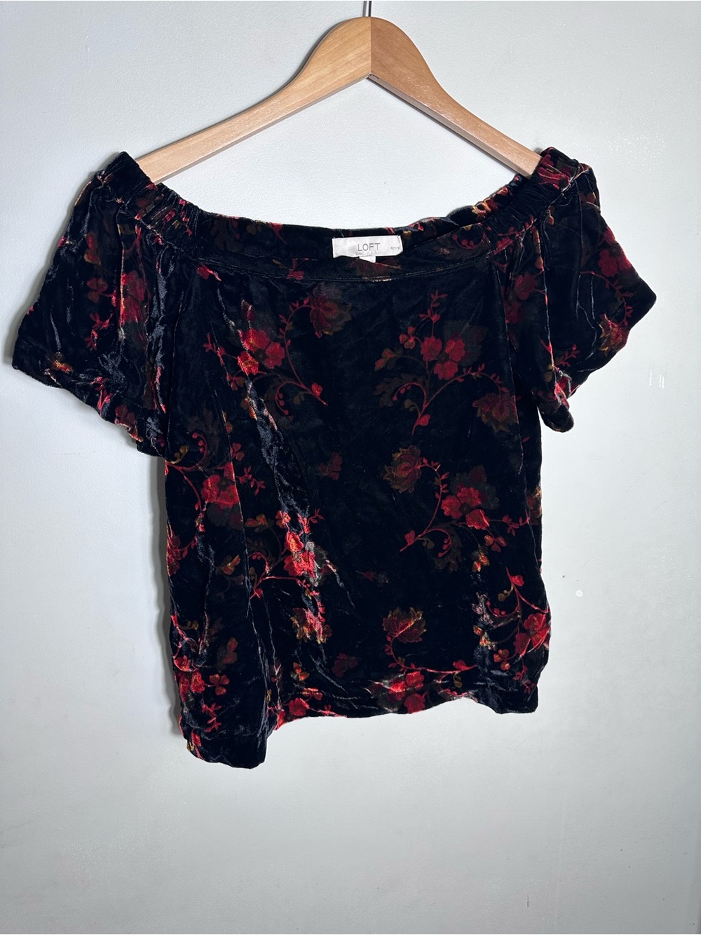 Black Velvet Floral Off-Shoulder Top with Red Accents